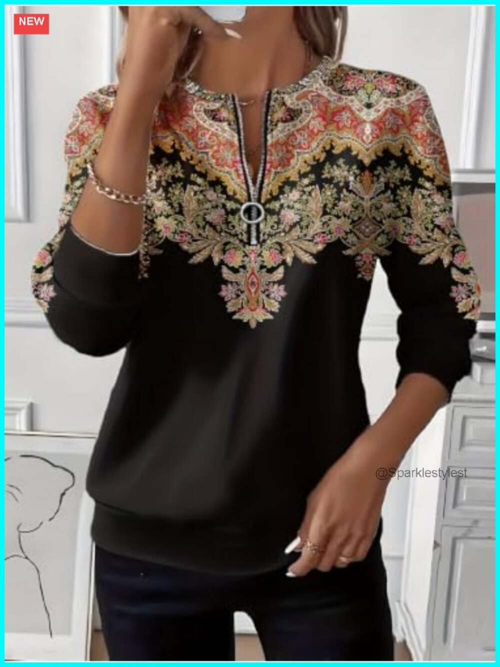Vintage Floral Print Half Zip Collar Long Sleeve Casual Sweatshirt